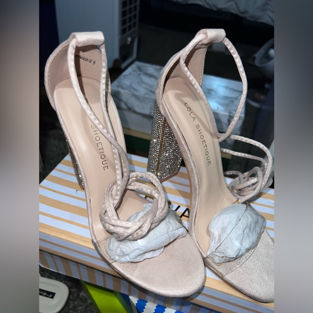 Blush/Nude Rhinestone High Heel with Clear Strap - Picture 9 of 11